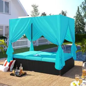 Wicker Outdoor Sunbed with Adjustable Seats, Patio Chaise Lounge Daybed with Canopy, 2 Person Outdoor Patio Daybed, Blue Wicker Outdoor Sunbed with Adjustable Seats, Patio Chaise Lounge Daybed with Canopy, 2 Person Outdoor Patio Daybed, Blue