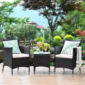 Patio Furniture Set 3 Piece, Outdoor Wicker Rattan Conversation Set with Coffee Table, Chairs & Thick Cushions, Suitable for Patio Garden Lawn Backyard Pool (Off-White) Patio Furniture Set 3 Piece, Outdoor Wicker Rattan Conversation Set with Coffee Table, Chairs & Thick Cushions, Suitable for Patio Garden Lawn Backyard Pool (Off-White)