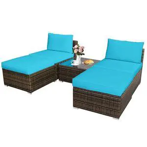 5 Piece Wicker Lounge Chair Set, with Tempered Glass Coffee Table, Outdoor Conversation Sets w/Washable Zippered Cushions, Includes 2 Armless Sofas, 2 Ottomans and 1 Side Table (Turquoise) 5 Piece Wicker Lounge Chair Set, with Tempered Glass Coffee Table, Outdoor Conversation Sets w/Washable Zippered Cushions, Includes 2 Armless Sofas, 2 Ottomans and 1 Side Table (Turquoise)