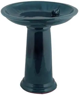 Bird Bath on Pedestal W/Bird, Ceramic, Blue Bird Bath on Pedestal W/Bird, Ceramic, Blue