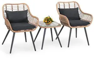 3 Piece Patio Bistro Set, Outdoor Wicker Conversation Chair Sets Balcony Furniture,Coffee Table with Glass Top, Cushions & Lumbar Pillows for Porch, Backyard, Deck, Poolside 3 Piece Patio Bistro Set, Outdoor Wicker Conversation Chair Sets Balcony Furniture,Coffee Table with Glass Top, Cushions & Lumbar Pillows for Porch, Backyard, Deck, Poolside