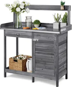 Garden Potting Bench Wooden Workstation Outdoor Wooden Potting Table W/Top Shelf & Lower Shelf & Cabinet Drawer & Open Shelf Gray Garden Potting Bench Wooden Workstation Outdoor Wooden Potting Table W/Top Shelf & Lower Shelf & Cabinet Drawer & Open Shelf Gray