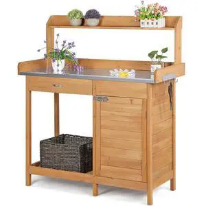 Outdoor Potting Bench Table Work Station Garden Planting with Cabinet & Drawer & Top Shelf & Lower Shelf Natural Wood Outdoor Potting Bench Table Work Station Garden Planting with Cabinet & Drawer & Top Shelf & Lower Shelf Natural Wood