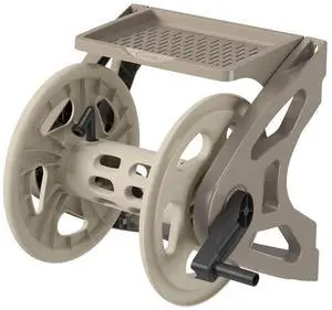 Handler Durable Hard Plastic Wall Mounted Outdoor Retractable Garden Hose Reel with Storage Tray and 200 Feet Hose Capacity, Taupe Handler Durable Hard Plastic Wall Mounted Outdoor Retractable Garden Hose Reel with Storage Tray and 200 Feet Hose Capacity, Taupe