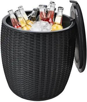 9.5 Gallon Ice Cooler, Wicker Round Ice Chest, Outdoor Beer Wine Ice Bucket, Top Lid Side Handles Drainage Plug, Weather-resistant Patio Cool Bar Table for Cocktail Party Poolside Deck 9.5 Gallon Ice Cooler, Wicker Round Ice Chest, Outdoor Beer Wine Ice Bucket, Top Lid Side Handles Drainage Plug, Weather-resistant Patio Cool Bar Table for Cocktail Party Poolside Deck