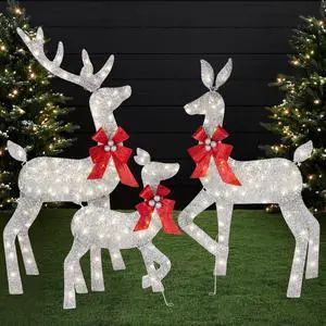 4ft 3-Piece 2D Lighted Christmas Deer Family Set, Large Outdoor Yard Reindeer Holiday Decoration with 175 LED Lights, Stakes, Zip Ties - Silver 4ft 3-Piece 2D Lighted Christmas Deer Family Set, Large Outdoor Yard Reindeer Holiday Decoration with 175 LED Lights, Stakes, Zip Ties - Silver