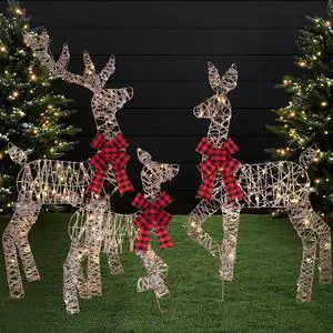 4ft 3-Piece 2D Lighted Christmas Deer Family Set, Large Outdoor Yard Reindeer Holiday Decoration with 175 LED Lights, Stakes, Zip Ties - Rattan 4ft 3-Piece 2D Lighted Christmas Deer Family Set, Large Outdoor Yard Reindeer Holiday Decoration with 175 LED Lights, Stakes, Zip Ties - Rattan
