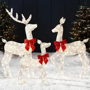 4ft 3-Piece 2D Lighted Christmas Deer Family Set, Large Outdoor Yard Reindeer Holiday Decoration with 175 LED Lights, Stakes, Zip Ties - White 4ft 3-Piece 2D Lighted Christmas Deer Family Set, Large Outdoor Yard Reindeer Holiday Decoration with 175 LED Lights, Stakes, Zip Ties - White