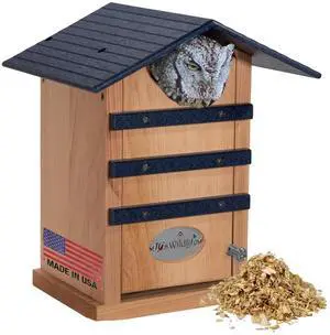 Screech Owl House Cedar Nesting Box with Poly Lumber Roof, Saw-Whet Owl Box for Outside, Drainage Ventilation, Easy Cleanout, Made in USA, Blue Screech Owl House Cedar Nesting Box with Poly Lumber Roof, Saw-Whet Owl Box for Outside, Drainage Ventilation, Easy Cleanout, Made in USA, Blue