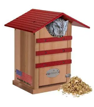 Screech Owl House Cedar Nesting Box with Poly Lumber Roof, Saw-Whet Owl Box for Outside, Drainage Ventilation, Easy Cleanout, Made in USA, Cardinal Red Screech Owl House Cedar Nesting Box with Poly Lumber Roof, Saw-Whet Owl Box for Outside, Drainage Ventilation, Easy Cleanout, Made in USA, Cardinal Red