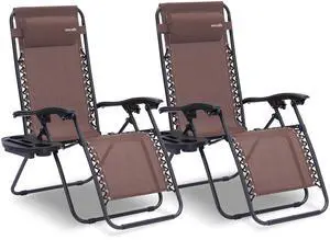 Outdoor Zero Gravity Lounge Chair Set, 2 Pack Adjustable Recliner Chairs with Cup Holder Side Table and Padded Headrest, Foldable Patio Lawn Chairs, Weather Resistant Design (Brown) Outdoor Zero Gravity Lounge Chair Set, 2 Pack Adjustable Recliner Chairs with Cup Holder Side Table and Padded Headrest, Foldable Patio Lawn Chairs, Weather Resistant Design (Brown)