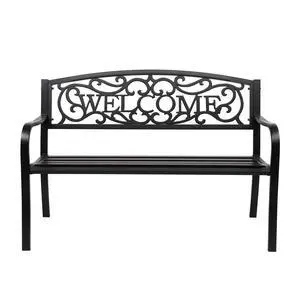 Outdoor Bench for Patio Metal Garden Bench w/PVC Back Pattern, Black Park Benches Front Porch Benches for Yard Lawn Decor Deck Entryway (Black-Welcome) Outdoor Bench for Patio Metal Garden Bench w/PVC Back Pattern, Black Park Benches Front Porch Benches for Yard Lawn Decor Deck Entryway (Black-Welcome)