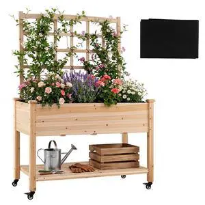 65'' Wooden Raised Garden Bed w/Trellis on Wheels, Mobile Elevated Planter Box w/Legs, Liner & Drainage Holes for Climbing Plant Vegetable Herb Flower, Outdoor Garden Box, Backyard Balcony 65'' Wooden Raised Garden Bed w/Trellis on Wheels, Mobile Elevated Planter Box w/Legs, Liner & Drainage Holes for Climbing Plant Vegetable Herb Flower, Outdoor Garden Box, Backyard Balcony