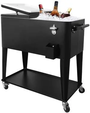 Portable Rolling Cooler Cart 80 Quart Ice Chest Cart Trolley Rolling Cooler with Wheels, Outdoor Beverage Ice Chest for Patio with Shelf, Water Pipe and Bottle Opener Portable Rolling Cooler Cart 80 Quart Ice Chest Cart Trolley Rolling Cooler with Wheels, Outdoor Beverage Ice Chest for Patio with Shelf, Water Pipe and Bottle Opener