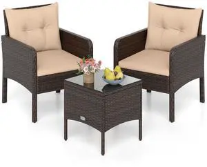 3 Pieces Patio PE Wicker Furniture Set, Outdoor Bistro Conversation Set with Cushions and Tempered Glass Coffee Table, Outside Rattan Table and Chairs for Porch (Beige) 3 Pieces Patio PE Wicker Furniture Set, Outdoor Bistro Conversation Set with Cushions and Tempered Glass Coffee Table, Outside Rattan Table and Chairs for Porch (Beige)