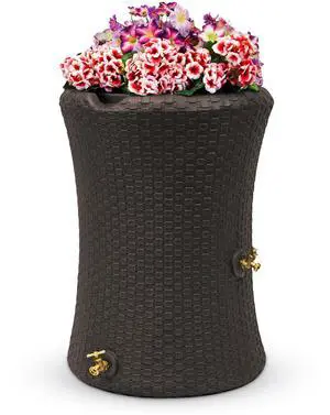 Impressions 50 Gallon Nantucket Outdoor Home Rain Barrel Water Storage Collector with Garden Planter and Brass Spigot, Dark Brown Impressions 50 Gallon Nantucket Outdoor Home Rain Barrel Water Storage Collector with Garden Planter and Brass Spigot, Dark Brown