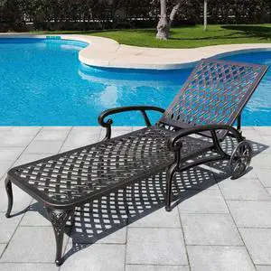 Chaise Lounge Chair Outdoor, Poolside Lounger Outside Cast Aluminum Tanning Chairs with Adjustable Backrest and Moveable Wheels, Bronze Chaise Lounge Chair Outdoor, Poolside Lounger Outside Cast Aluminum Tanning Chairs with Adjustable Backrest and Moveable Wheels, Bronze