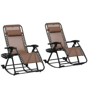Set of 2 Outdoor Rocking Chairs, Foldable Reclining Zero Gravity Lounge Rocker with Pillow, Cup & Phone Holder, Combo Design with Folding Legs, Brown Set of 2 Outdoor Rocking Chairs, Foldable Reclining Zero Gravity Lounge Rocker with Pillow, Cup & Phone Holder, Combo Design with Folding Legs, Brown