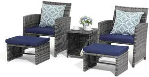 5 Piece Patio Furniture Set, Wicker Outdoor Conversation Chair and Ottoman Set with Coffee Table, for Balcony, Porch, Deck, Navy Blue 5 Piece Patio Furniture Set, Wicker Outdoor Conversation Chair and Ottoman Set with Coffee Table, for Balcony, Porch, Deck, Navy Blue