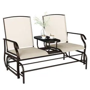 Outdoor Glider Bench with Center Table, Metal Frame Patio Loveseat with Breathable Mesh Fabric and Armrests for Backyard Garden Porch, Beige Outdoor Glider Bench with Center Table, Metal Frame Patio Loveseat with Breathable Mesh Fabric and Armrests for Backyard Garden Porch, Beige