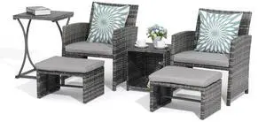 6 Piece Patio Furniture Conversation Set with Ottoman, Outdoor Grey Wicker Chair and Table Set, Balcony Furniture for Apartments, Light Grey 6 Piece Patio Furniture Conversation Set with Ottoman, Outdoor Grey Wicker Chair and Table Set, Balcony Furniture for Apartments, Light Grey