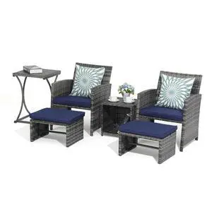 6 Piece Patio Furniture Conversation Set with Ottoman, Outdoor Grey Wicker Chair and Table Set, Balcony Furniture for Apartments, Navy Blue 6 Piece Patio Furniture Conversation Set with Ottoman, Outdoor Grey Wicker Chair and Table Set, Balcony Furniture for Apartments, Navy Blue
