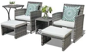 6 Piece Patio Furniture Conversation Set with Ottoman, Outdoor Grey Wicker Chair and Table Set, Balcony Furniture for Apartments, White 6 Piece Patio Furniture Conversation Set with Ottoman, Outdoor Grey Wicker Chair and Table Set, Balcony Furniture for Apartments, White