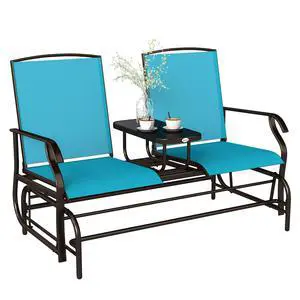 Outdoor Glider Bench with Center Table, Metal Frame Patio Loveseat with Breathable Mesh Fabric and Armrests for Backyard Garden Porch, Blue Outdoor Glider Bench with Center Table, Metal Frame Patio Loveseat with Breathable Mesh Fabric and Armrests for Backyard Garden Porch, Blue
