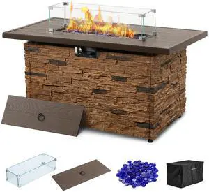 43" Propane Fire Pit Table Outdoor Stone Firepit Table Rectangular 50000 BTU Gas Firepits for Outside Patio with Wind Guard, Table Lid, Fire Beads, Cover, Caldo (Brown) 43" Propane Fire Pit Table Outdoor Stone Firepit Table Rectangular 50000 BTU Gas Firepits for Outside Patio with Wind Guard, Table Lid, Fire Beads, Cover, Caldo (Brown)