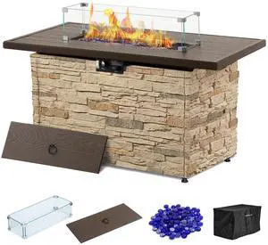 43 Inch Propane Fire Pit Table Outdoor Stone Firepit Table Rectangular 50000 BTU Gas Firepits for Outside Patio with Wind Guard, Table Lid, Fire Beads, Cover, Caldo (Buff) 43 Inch Propane Fire Pit Table Outdoor Stone Firepit Table Rectangular 50000 BTU Gas Firepits for Outside Patio with Wind Guard, Table Lid, Fire Beads, Cover, Caldo (Buff)