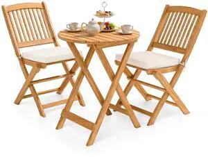 3Pcs Patio Bistro Set, Wood Folding Table Set, 2 Cushioned Chairs for Garden Yard, Outdoor Furniture Round Table (Natural & Beige) 3Pcs Patio Bistro Set, Wood Folding Table Set, 2 Cushioned Chairs for Garden Yard, Outdoor Furniture Round Table (Natural & Beige)