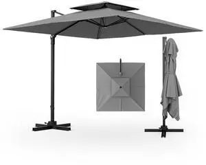 9.5 FT Cantilever Patio Umbrella, Outdoor Square Offset Umbrella with 360°Rotation, Double Top Heavy Duty Patio Hanging Umbrella with Cross Base for Garden Deck Pool Backyard (Grey) 9.5 FT Cantilever Patio Umbrella, Outdoor Square Offset Umbrella with 360°Rotation, Double Top Heavy Duty Patio Hanging Umbrella with Cross Base for Garden Deck Pool Backyard (Grey)