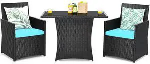 3 Pieces Patio Dining Set, Space-Saving PE Rattan Bistro Set with Tempered Glass Top Table and Cushioned Chairs, Outdoor Conversation Set for Garden Backyard Poolside Porch (Turquoise) 3 Pieces Patio Dining Set, Space-Saving PE Rattan Bistro Set with Tempered Glass Top Table and Cushioned Chairs, Outdoor Conversation Set for Garden Backyard Poolside Porch (Turquoise)
