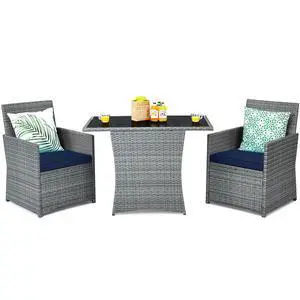 3 Pieces Patio Dining Set, Patiojoy Space-Saving PE Rattan Bistro Set with Tempered Glass Top Table and Cushioned Chairs, Outdoor Conversation Set for Garden, Backyard, Poolside, Porch 3 Pieces Patio Dining Set, Patiojoy Space-Saving PE Rattan Bistro Set with Tempered Glass Top Table and Cushioned Chairs, Outdoor Conversation Set for Garden, Backyard, Poolside, Porch