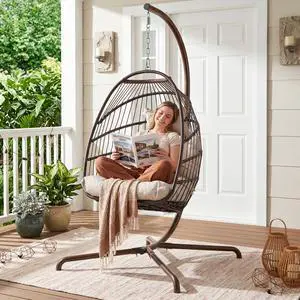 Egg Chair with Stand, 350 Lbs Heavy-Duty Wicker Egg Swing with Thick Cushion, Weather-Resistant Hanging Chair Outdoor with Reinforced Alloy Steel Frame for Porch Bedroom, Brown & Tan Egg Chair with Stand, 350 Lbs Heavy-Duty Wicker Egg Swing with Thick Cushion, Weather-Resistant Hanging Chair Outdoor with Reinforced Alloy Steel Frame for Porch Bedroom, Brown & Tan