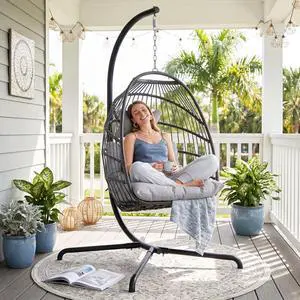 Egg Swing Chair with Stand, 350 Lbs Outdoor Hanging Egg Chair with Thickened Cushion, Space-Saving Foldable Rattan Hammock with Alloy Steel Frame for Apartment Outside Garden, Light Gray Egg Swing Chair with Stand, 350 Lbs Outdoor Hanging Egg Chair with Thickened Cushion, Space-Saving Foldable Rattan Hammock with Alloy Steel Frame for Apartment Outside Garden, Light Gray