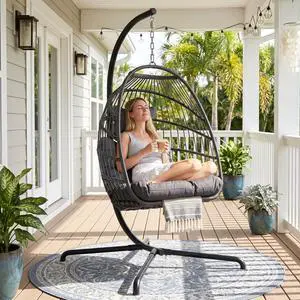 Outdoor Hanging Egg Chair with Stand, Foldable Egg Chair Swing with Fade-Resistant Cushion, 350 Lbs Heavy-Duty Wicker Hammocks with Steel Frame for Sunroom Deck Small Balcony, Dark Gray Outdoor Hanging Egg Chair with Stand, Foldable Egg Chair Swing with Fade-Resistant Cushion, 350 Lbs Heavy-Duty Wicker Hammocks with Steel Frame for Sunroom Deck Small Balcony, Dark Gray