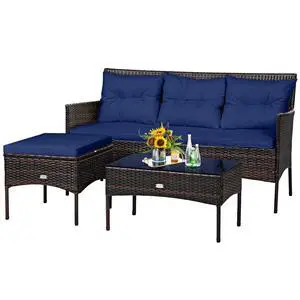 3 Pieces Patio Conversation Set, All Weather Outdoor PE Rattan Wicker Furniture Set with Padded Cushions, Tempered Glass Coffee Table, for Poolside, Backyard, Garden (Navy) 3 Pieces Patio Conversation Set, All Weather Outdoor PE Rattan Wicker Furniture Set with Padded Cushions, Tempered Glass Coffee Table, for Poolside, Backyard, Garden (Navy)