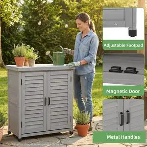 Potting Bench with Storage Cabinet and Metal Table Top for Outdoor Patio, Garden Furniture Wood Workstation (Grey, 31x17x36) Potting Bench with Storage Cabinet and Metal Table Top for Outdoor Patio, Garden Furniture Wood Workstation (Grey, 31x17x36)
