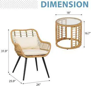 3 Piece Patio Bistro Set, Wicker Outdoor Patio Set with Enhanced Comfort Seating, Round Glass Top Coffee Side Table, Patio Rattan Conversation Set for Balcony, Lawn, Garden, Backyard, White 3 Piece Patio Bistro Set, Wicker Outdoor Patio Set with Enhanced Comfort Seating, Round Glass Top Coffee Side Table, Patio Rattan Conversation Set for Balcony, Lawn, Garden, Backyard, White