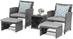 5 Piece Patio Furniture Set, Wicker Outdoor Conversation Chair and Ottoman Set with Coffee Table, Pillows Included, for Balcony, Porch, Deck, Light Grey 5 Piece Patio Furniture Set, Wicker Outdoor Conversation Chair and Ottoman Set with Coffee Table, Pillows Included, for Balcony, Porch, Deck, Light Grey