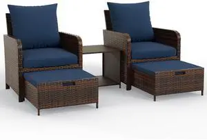 Balcony Furniture Patio Chairs with Hidden Ottoman 5 Piece Patio Furniture Set with Side Table for Front Porch, Blue Cushion Balcony Furniture Patio Chairs with Hidden Ottoman 5 Piece Patio Furniture Set with Side Table for Front Porch, Blue Cushion