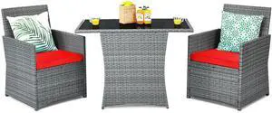 3 Pieces Patio Dining Set, Patiojoy Space-Saving PE Rattan Bistro Set with Tempered Glass Top Table and Cushioned Chairs, Outdoor Conversation Set for Garden, Backyard, Poolside, Porch (Red) 3 Pieces Patio Dining Set, Patiojoy Space-Saving PE Rattan Bistro Set with Tempered Glass Top Table and Cushioned Chairs, Outdoor Conversation Set for Garden, Backyard, Poolside, Porch (Red)