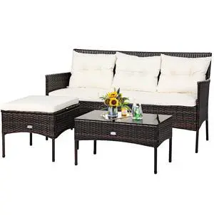 3 Pieces Patio Conversation Set, Outdoor PE Rattan Wicker Furniture Set W/Cozy Cushions, All Weather Sectional Sofa Set W/Tempered Glass Coffee Table for Poolside, Backyard, Garden 3 Pieces Patio Conversation Set, Outdoor PE Rattan Wicker Furniture Set W/Cozy Cushions, All Weather Sectional Sofa Set W/Tempered Glass Coffee Table for Poolside, Backyard, Garden