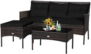 3 Pieces Patio Conversation Set, All Weather Outdoor PE Rattan Wicker Furniture Set with Padded Cushions, Tempered Glass Coffee Table, for Poolside, Backyard, Garden 3 Pieces Patio Conversation Set, All Weather Outdoor PE Rattan Wicker Furniture Set with Padded Cushions, Tempered Glass Coffee Table, for Poolside, Backyard, Garden