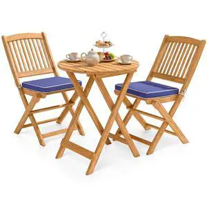 3Pcs Patio Bistro Set, Wood Folding Table Set, 2 Cushioned Chairs for Garden Yard, Outdoor Furniture Round Table (Natural & Navy Blue) 3Pcs Patio Bistro Set, Wood Folding Table Set, 2 Cushioned Chairs for Garden Yard, Outdoor Furniture Round Table (Natural & Navy Blue)