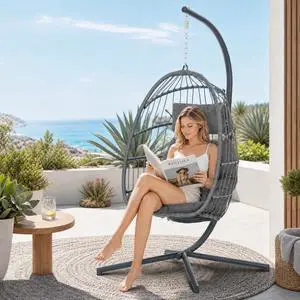 Swing Egg Chair, Hammock, Hanging Chair, Aluminum Frame and UV Resistant Cushion with Steel Stand, Indoor Outdoor Patio Porch Lounge Bedroom Hand Made Wicker Rattan, 350LBS Capacity Swing Egg Chair, Hammock, Hanging Chair, Aluminum Frame and UV Resistant Cushion with Steel Stand, Indoor Outdoor Patio Porch Lounge Bedroom Hand Made Wicker Rattan, 350LBS Capacity