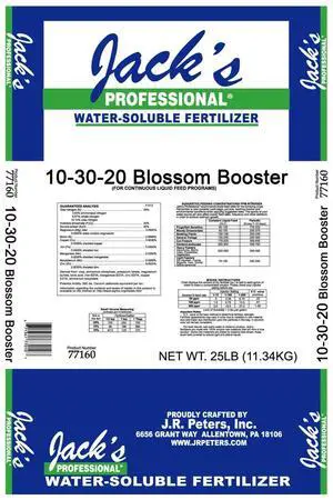 Jack's Professional 10-30-20 Blossom Booster Water-Soluble Fertilizer with Micronutrients for Increasing Blooms in Plants Grown in Continuous Liquid Feed Programs, 25lbs Jack's Professional 10-30-20 Blossom Booster Water-Soluble Fertilizer with Micronutrients for Increasing Blooms in Plants Grown in Continuous Liquid Feed Programs, 25lbs