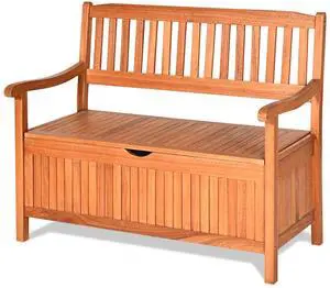 Outdoor Wood Storage Bench Deck Box, Entryway Porch Storage Bench with Inner Removable Dust-Proof Lining & Portable Handles, Eucalyptus Wood Loveseat for Garden, Lawn, Balcony & Yard Outdoor Wood Storage Bench Deck Box, Entryway Porch Storage Bench with Inner Removable Dust-Proof Lining & Portable Handles, Eucalyptus Wood Loveseat for Garden, Lawn, Balcony & Yard