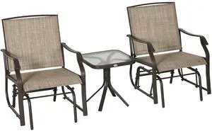 3 Piece Outdoor Glider Chair with Coffee Table Bistro Set, 2 Patio Rocking Swing Chairs with Breathable Sling Fabric, Glass Tabletop, for Backyard, Garden and Porch, Mixed Brown 3 Piece Outdoor Glider Chair with Coffee Table Bistro Set, 2 Patio Rocking Swing Chairs with Breathable Sling Fabric, Glass Tabletop, for Backyard, Garden and Porch, Mixed Brown